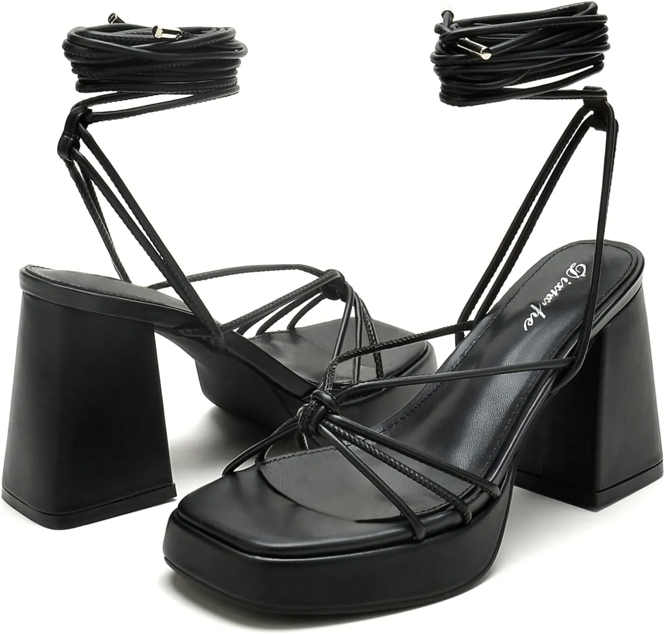 Platform Strappy Heels For Women 3.5 Inch Strappy Heeled Sandals Lace Up Square Open Toe Chunky Blcok Sandals Shoes For Party Prom Date Sandal Heels For Women