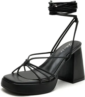 Platform Strappy Heels For Women 3.5 Inch Strappy Heeled Sandals Lace Up Square Open Toe Chunky Blcok Sandals Shoes For Party Prom Date Sandal Heels For Women