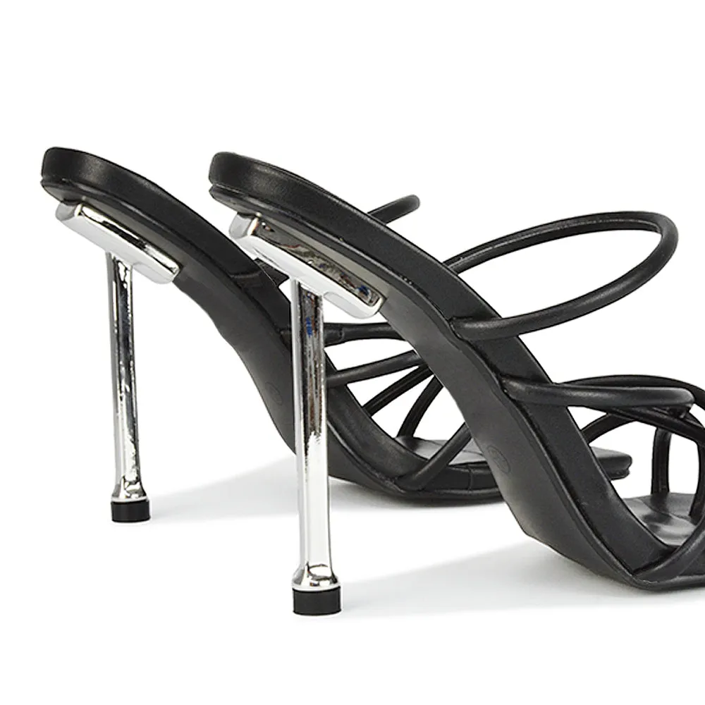 Raelynn Strappy Square Toe Metallic Stiletto High Heels in Black Synthetic Leather