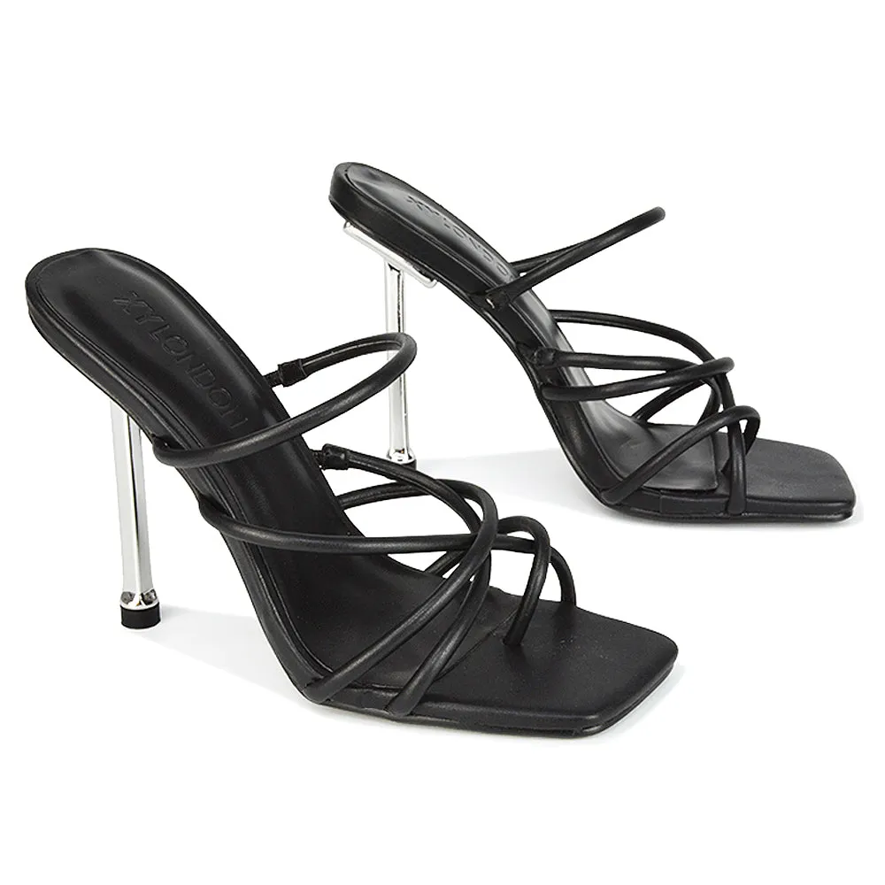 Raelynn Strappy Square Toe Metallic Stiletto High Heels in Black Synthetic Leather