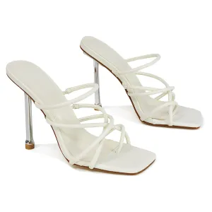 Raelynn Strappy Square Toe Metallic Stiletto High Heels in White Synthetic Leather