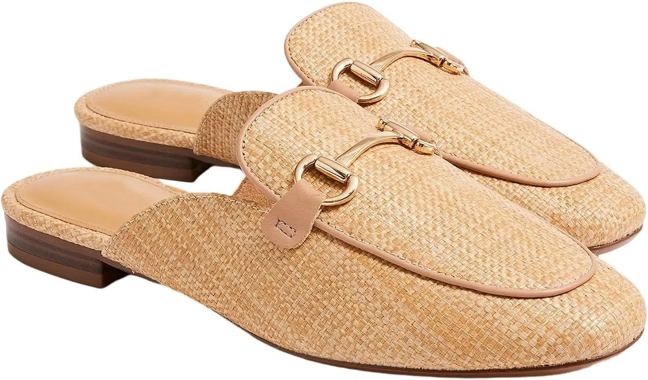 Raffia Mules for Women Almond Toe Woven Flats Slip on Comfort Backless Loafers Buckle Mule Shoes