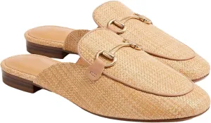 Raffia Mules for Women Almond Toe Woven Flats Slip on Comfort Backless Loafers Buckle Mule Shoes