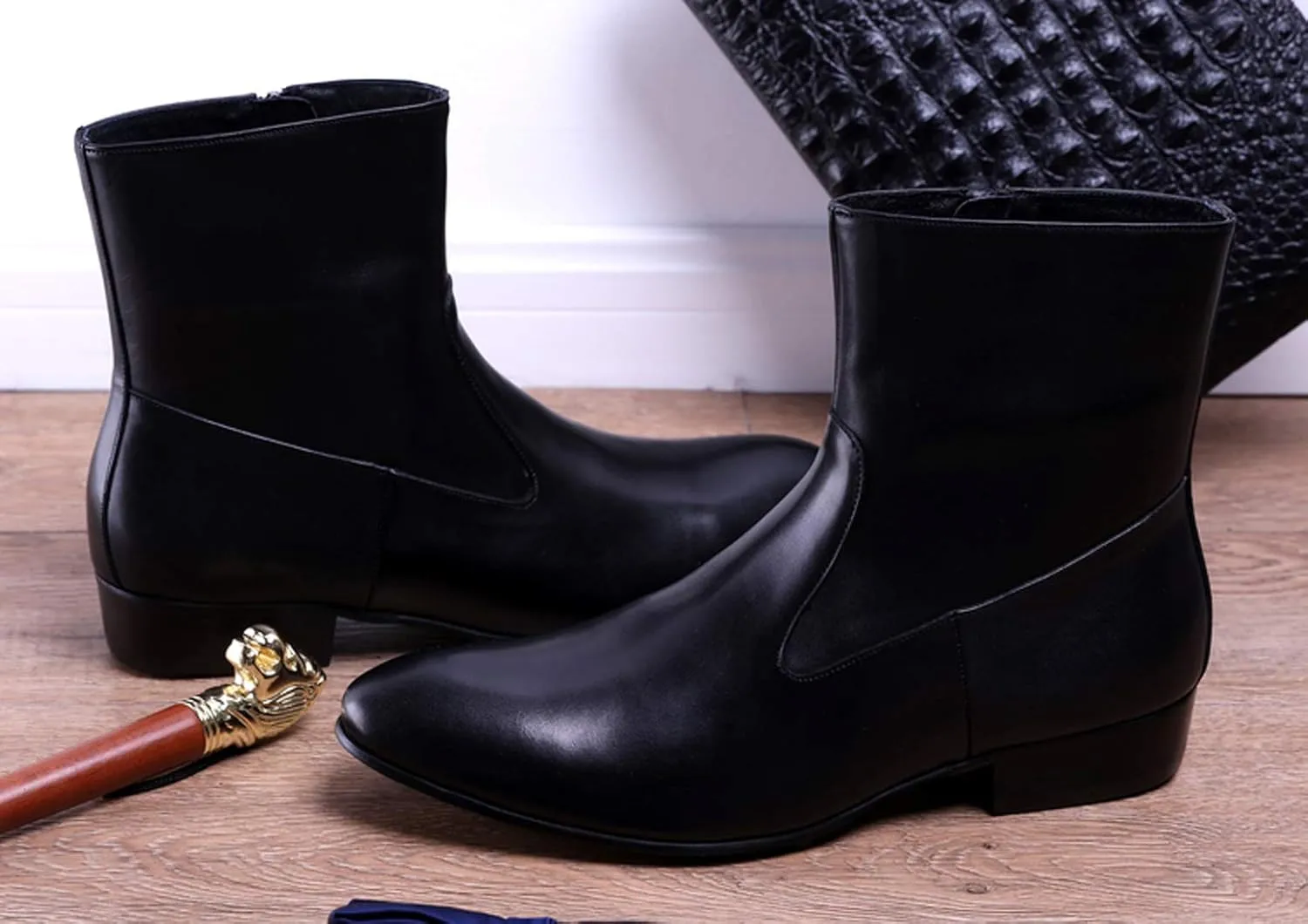 Santimon Mens Dress Boots Leather Pointed Toe Chelsea Chelsea Ankle High Boot with Side Zipper