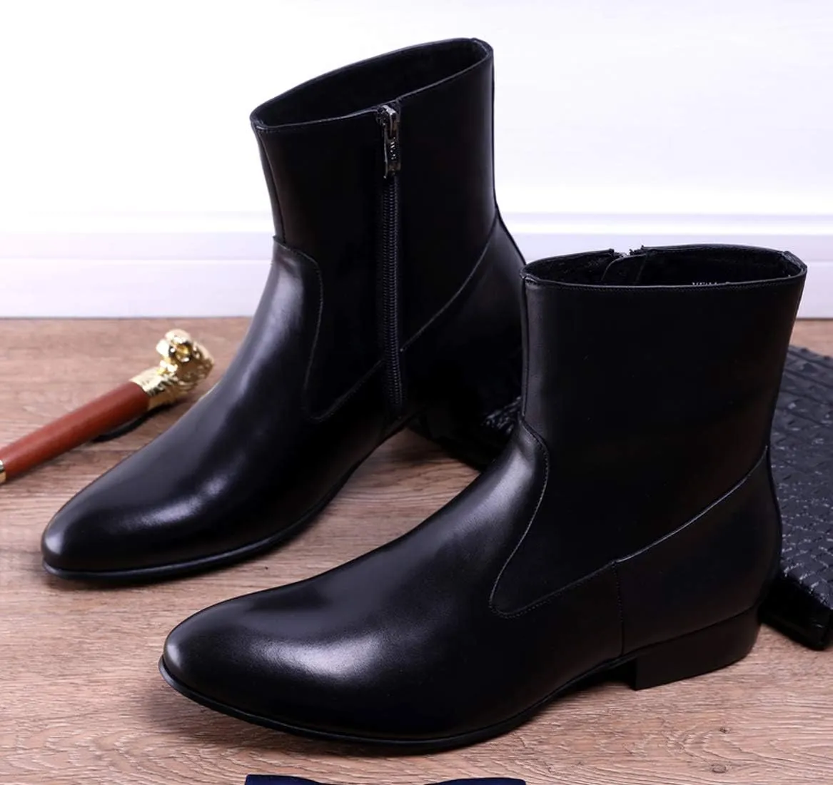 Santimon Mens Dress Boots Leather Pointed Toe Chelsea Chelsea Ankle High Boot with Side Zipper