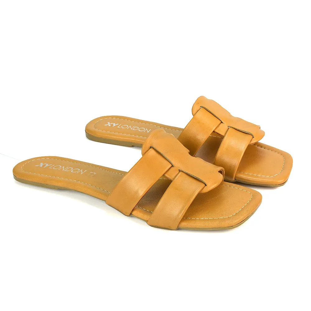 Selma Slip On Mule Square Toe Leather Flat Sandals Slides in Black