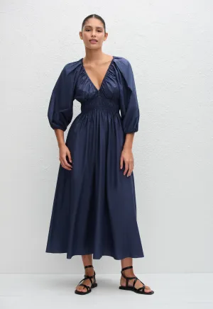 Shirred Plunge Button Dress - Dusk