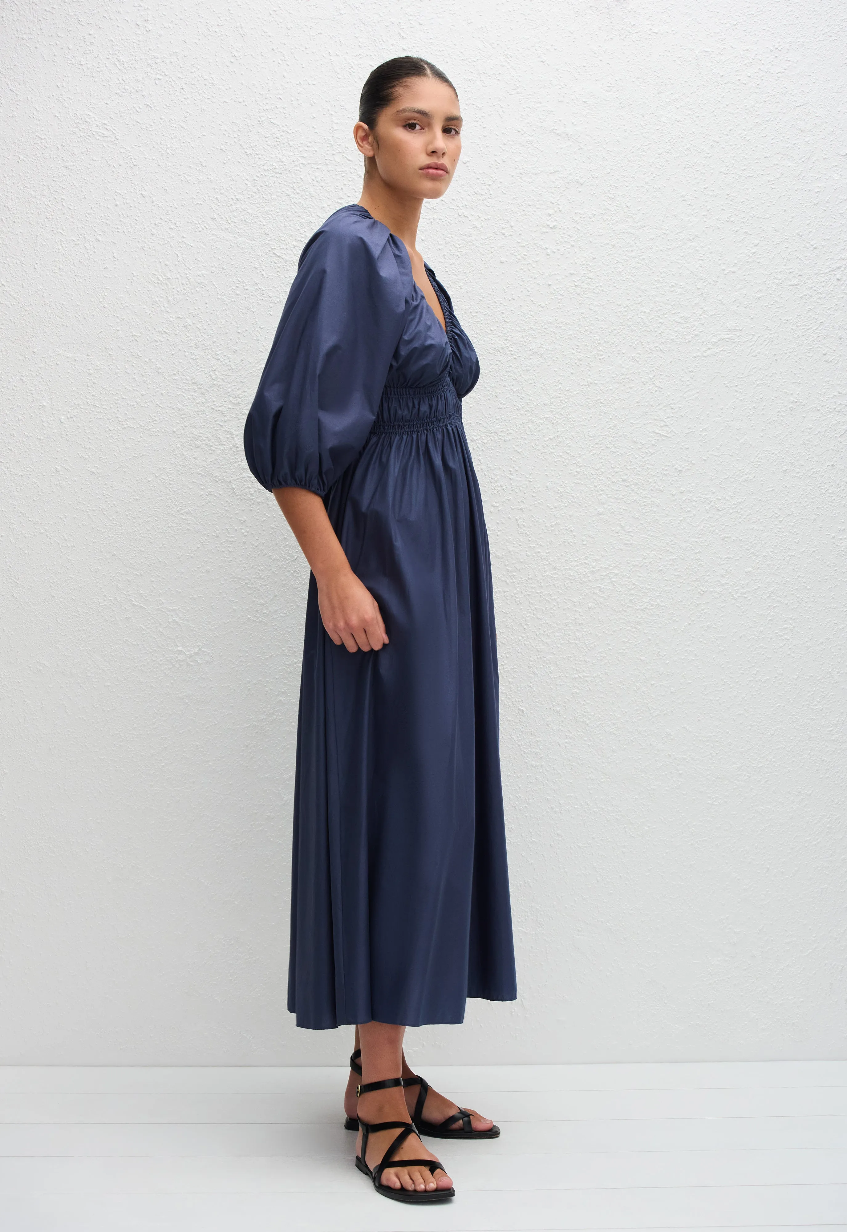 Shirred Plunge Button Dress - Dusk