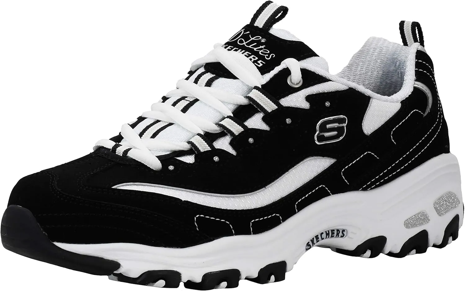 Skechers Women's D'Lites Original Lace-Up Sneaker, Black/White, 6 M US