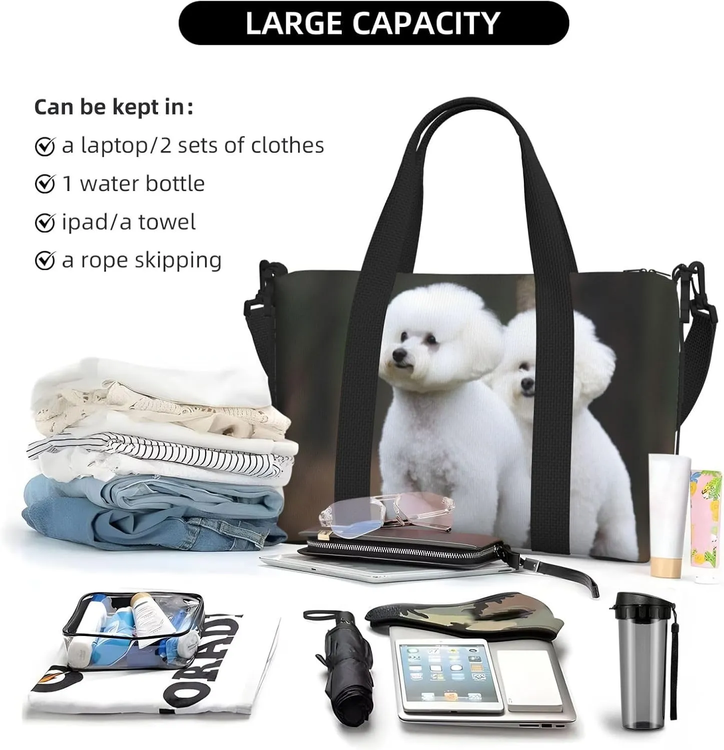 Sports Gym Bag for Women Men Travel Duffel Bag Tote Bichon Frise Weekender Bag Canvas Carry on Overnight Bag for Travel Swimming Fitness Workout Sports Duffle Bag