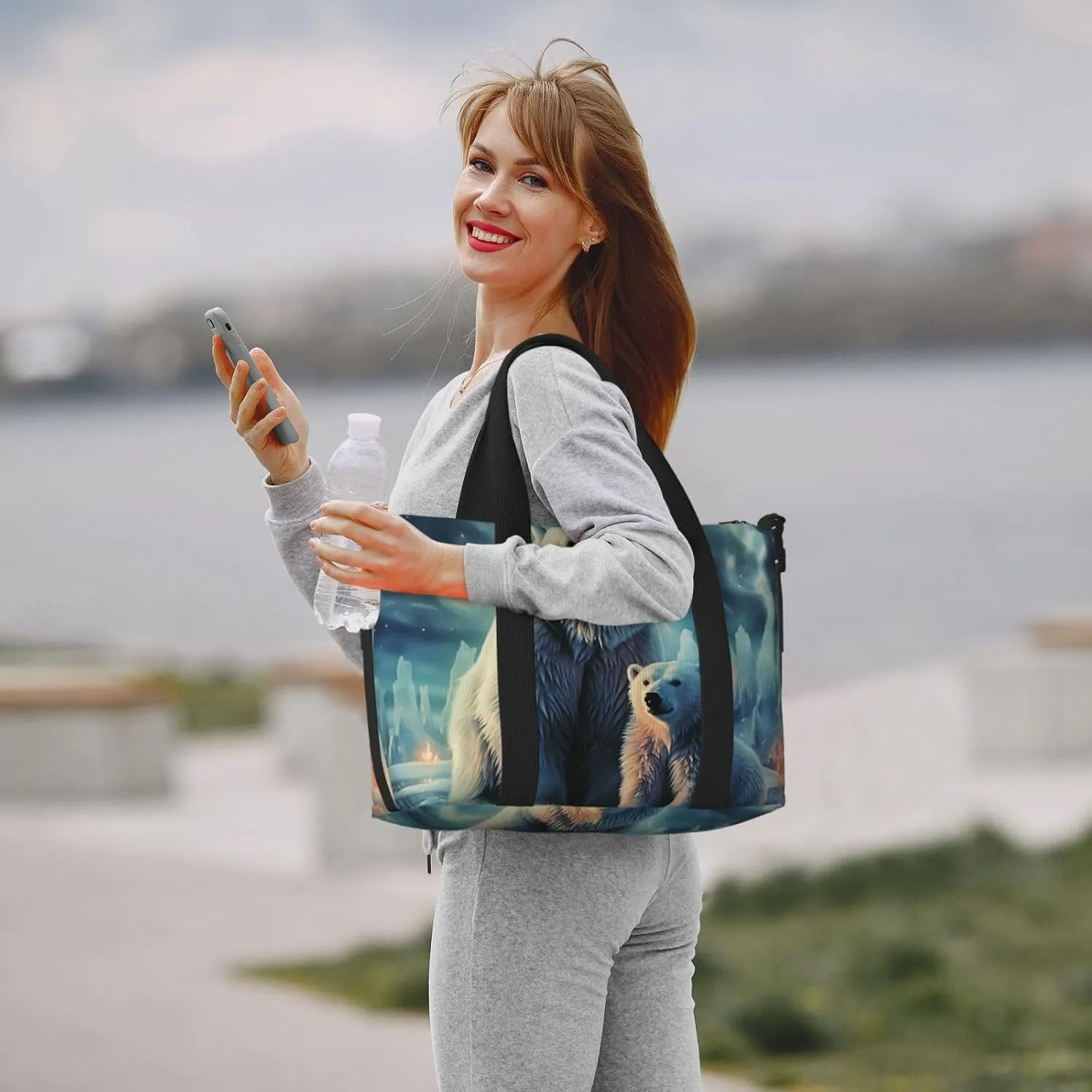 Sports Gym Bag for Women Men Travel Duffel Bag Tote Polar Bears Northern Lights Weekender Bag Canvas Carry on Overnight Bag for Travel Swimming Fitness Workout Sports Duffle Bag
