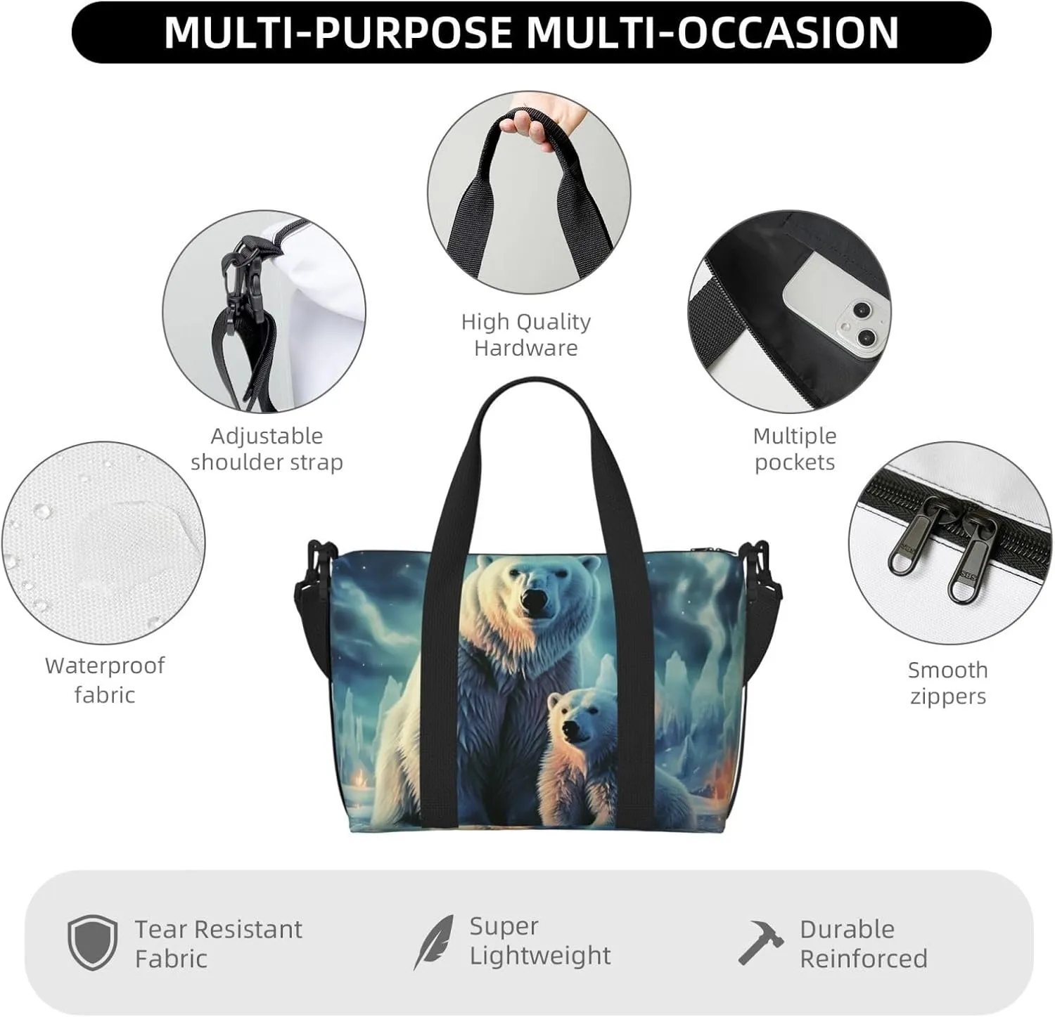 Sports Gym Bag for Women Men Travel Duffel Bag Tote Polar Bears Northern Lights Weekender Bag Canvas Carry on Overnight Bag for Travel Swimming Fitness Workout Sports Duffle Bag