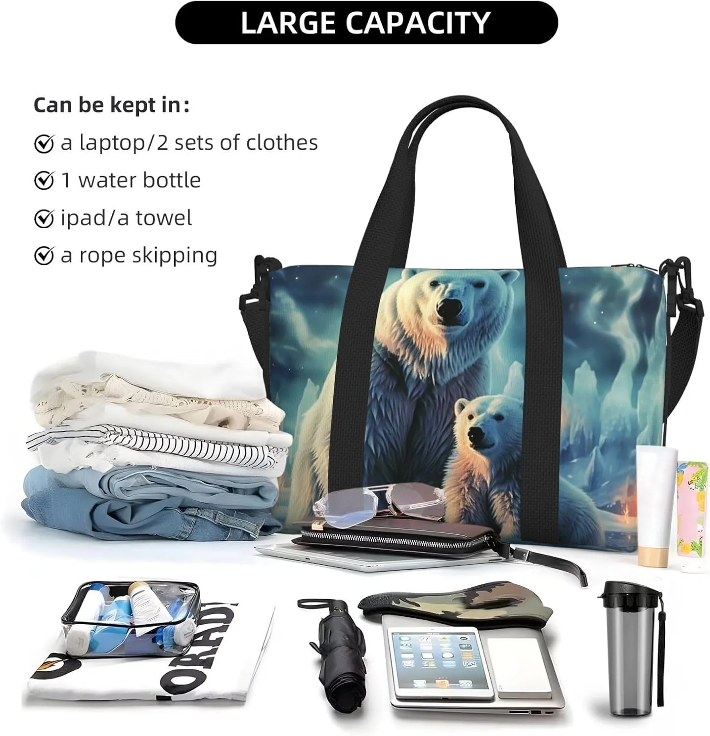 Sports Gym Bag for Women Men Travel Duffel Bag Tote Polar Bears Northern Lights Weekender Bag Canvas Carry on Overnight Bag for Travel Swimming Fitness Workout Sports Duffle Bag