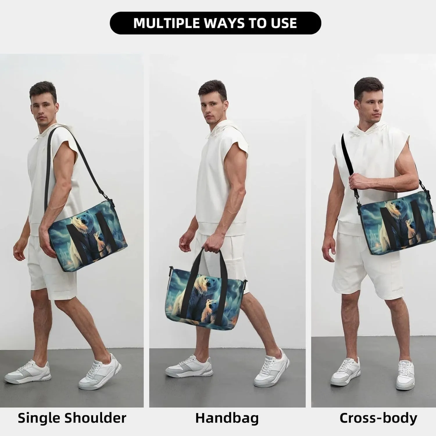 Sports Gym Bag for Women Men Travel Duffel Bag Tote Polar Bears Northern Lights Weekender Bag Canvas Carry on Overnight Bag for Travel Swimming Fitness Workout Sports Duffle Bag