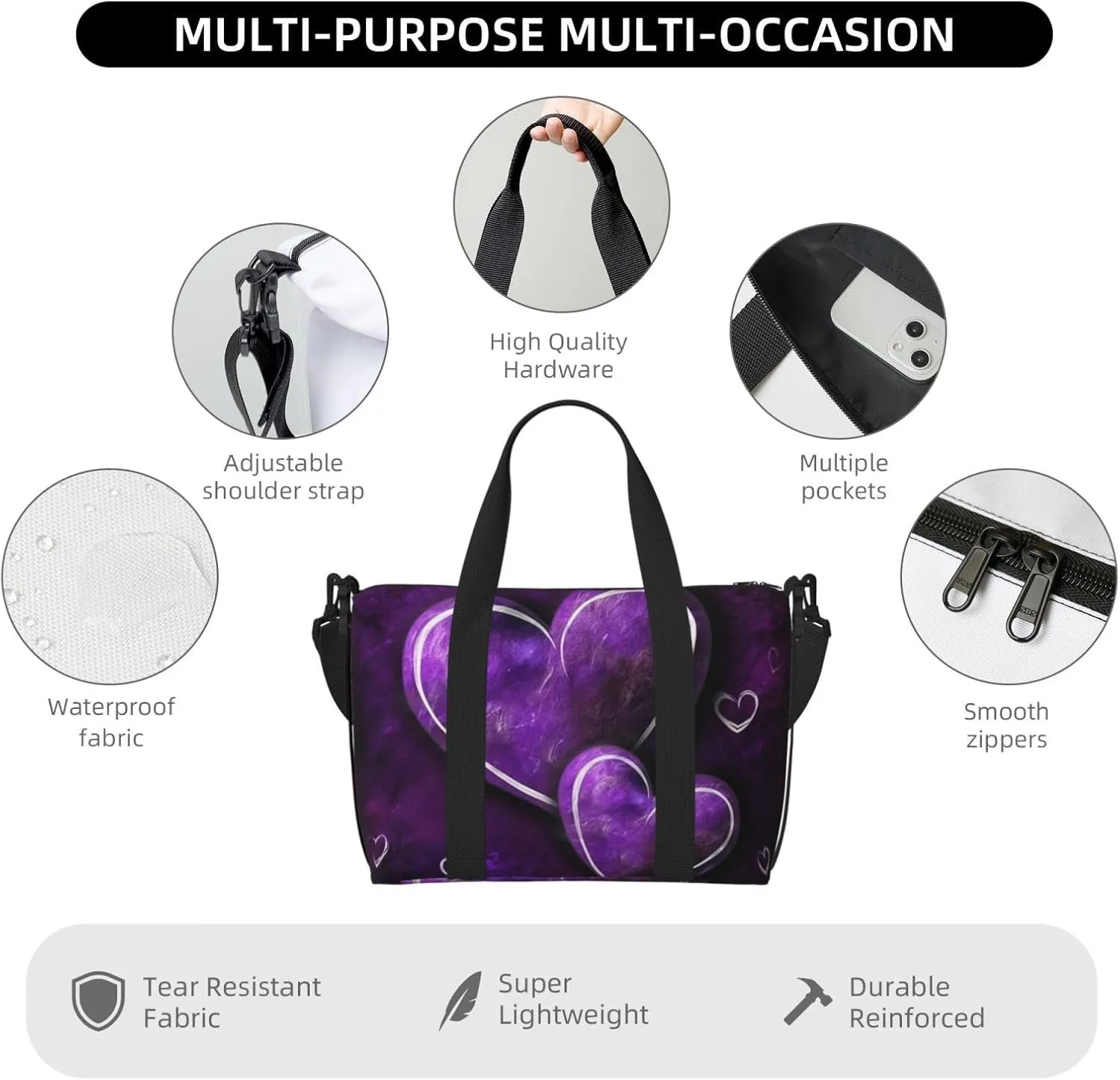 Sports Gym Bag for Women Men Travel Duffel Bag Tote Purple Hearts Weekender Bag Canvas Carry on Overnight Bag for Travel Swimming Fitness Workout Sports Duffle Bag