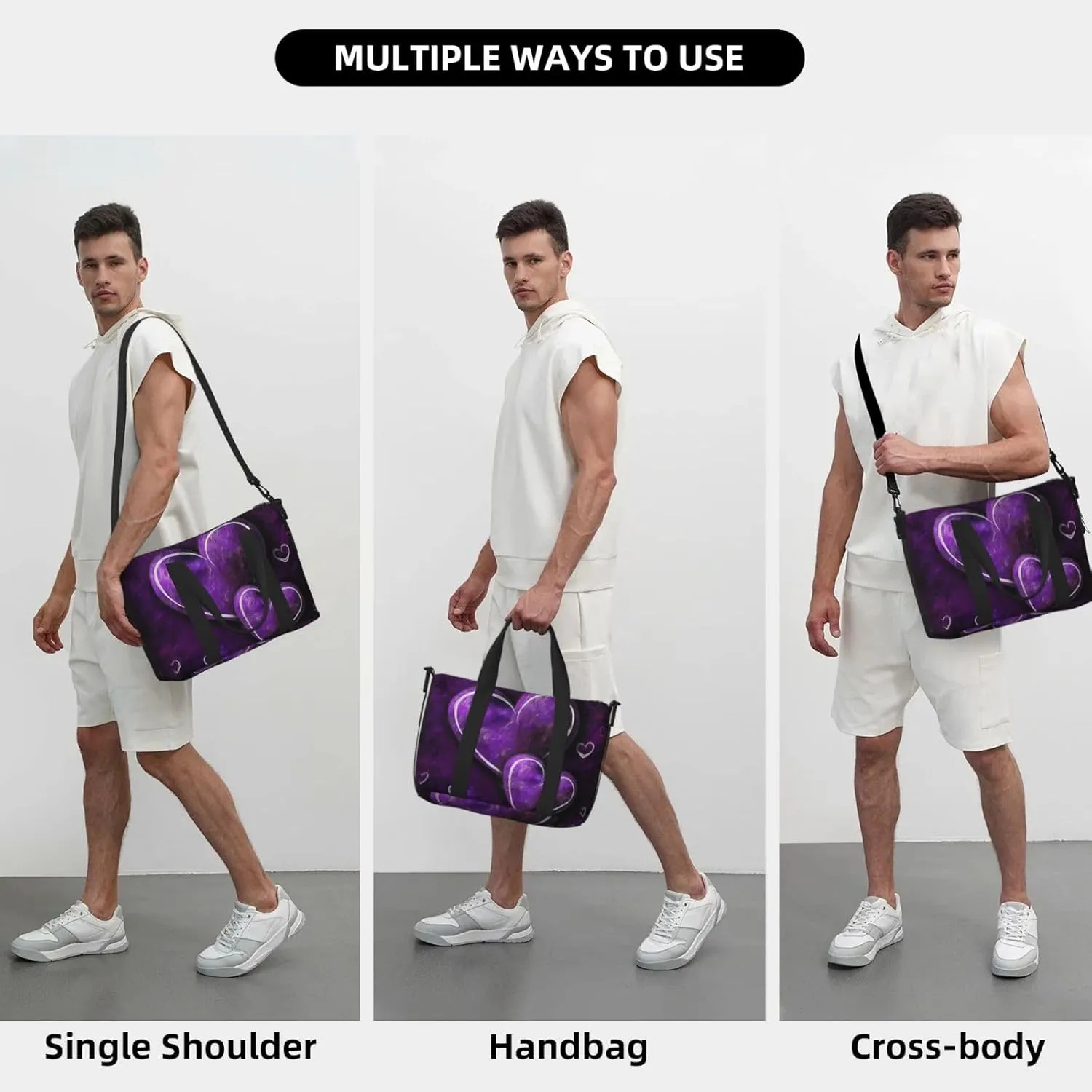 Sports Gym Bag for Women Men Travel Duffel Bag Tote Purple Hearts Weekender Bag Canvas Carry on Overnight Bag for Travel Swimming Fitness Workout Sports Duffle Bag