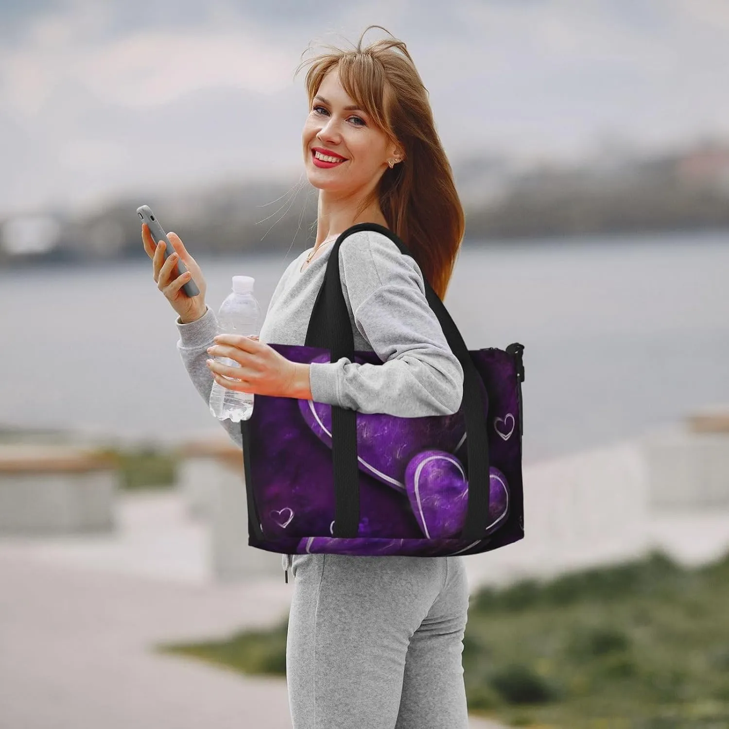 Sports Gym Bag for Women Men Travel Duffel Bag Tote Purple Hearts Weekender Bag Canvas Carry on Overnight Bag for Travel Swimming Fitness Workout Sports Duffle Bag