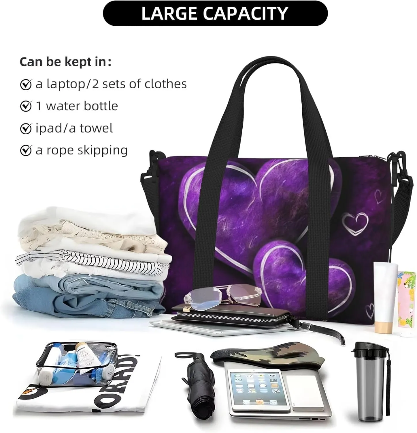 Sports Gym Bag for Women Men Travel Duffel Bag Tote Purple Hearts Weekender Bag Canvas Carry on Overnight Bag for Travel Swimming Fitness Workout Sports Duffle Bag