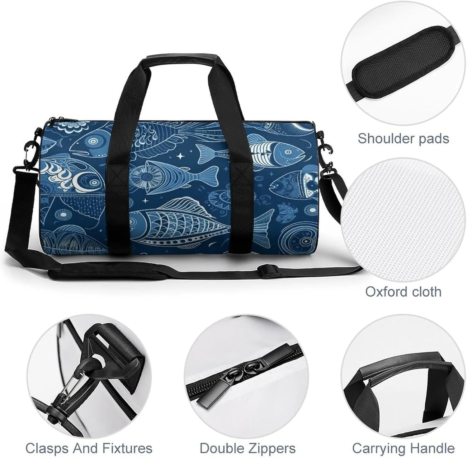 Sports Gym Bag for Women Men Travel Duffel Bag Tote Weekender Bag Fish And Shells Carry on Overnight Bag for Travel Swimming Fitness Workout Sports Duffle Bag