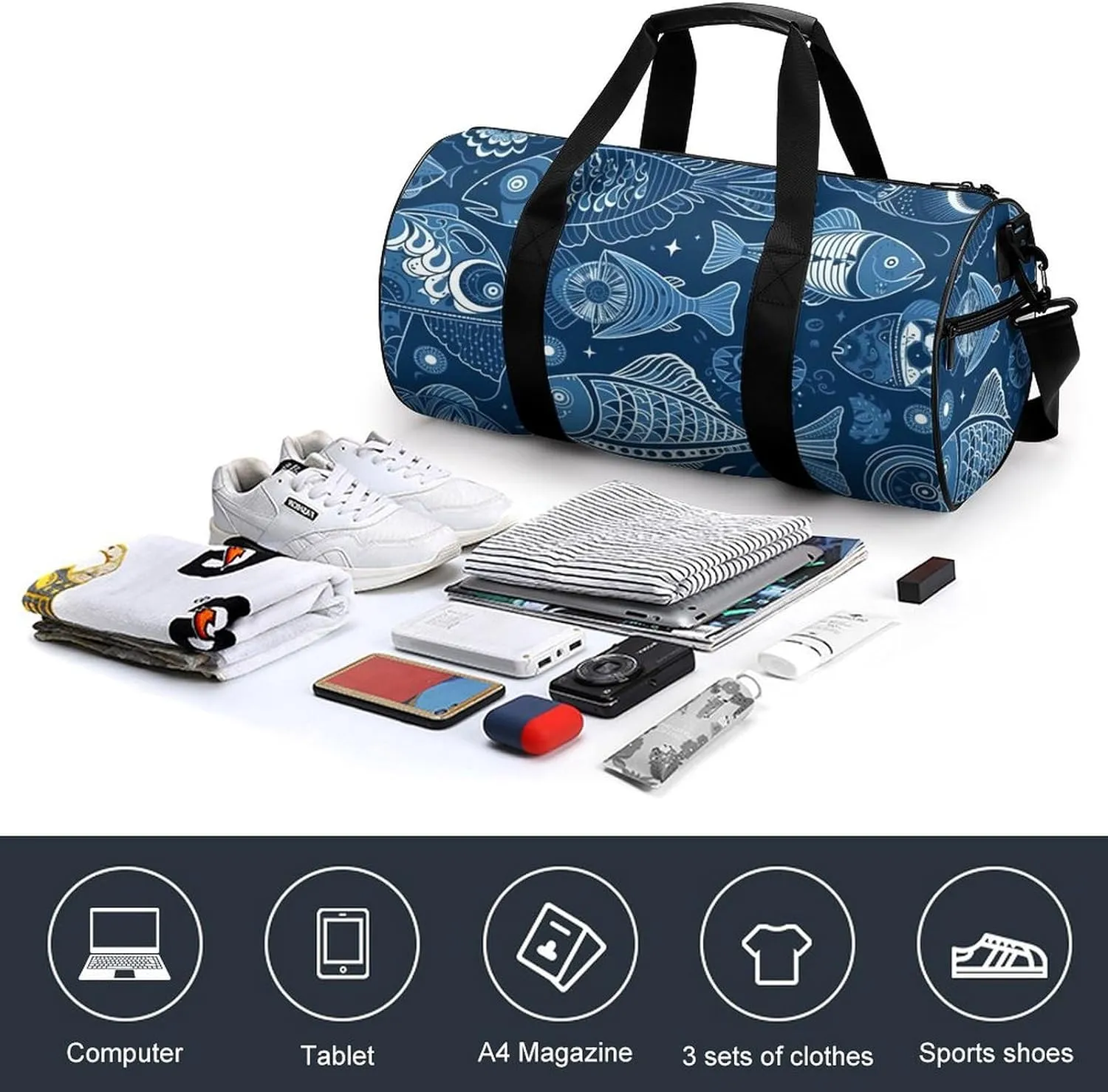 Sports Gym Bag for Women Men Travel Duffel Bag Tote Weekender Bag Fish And Shells Carry on Overnight Bag for Travel Swimming Fitness Workout Sports Duffle Bag