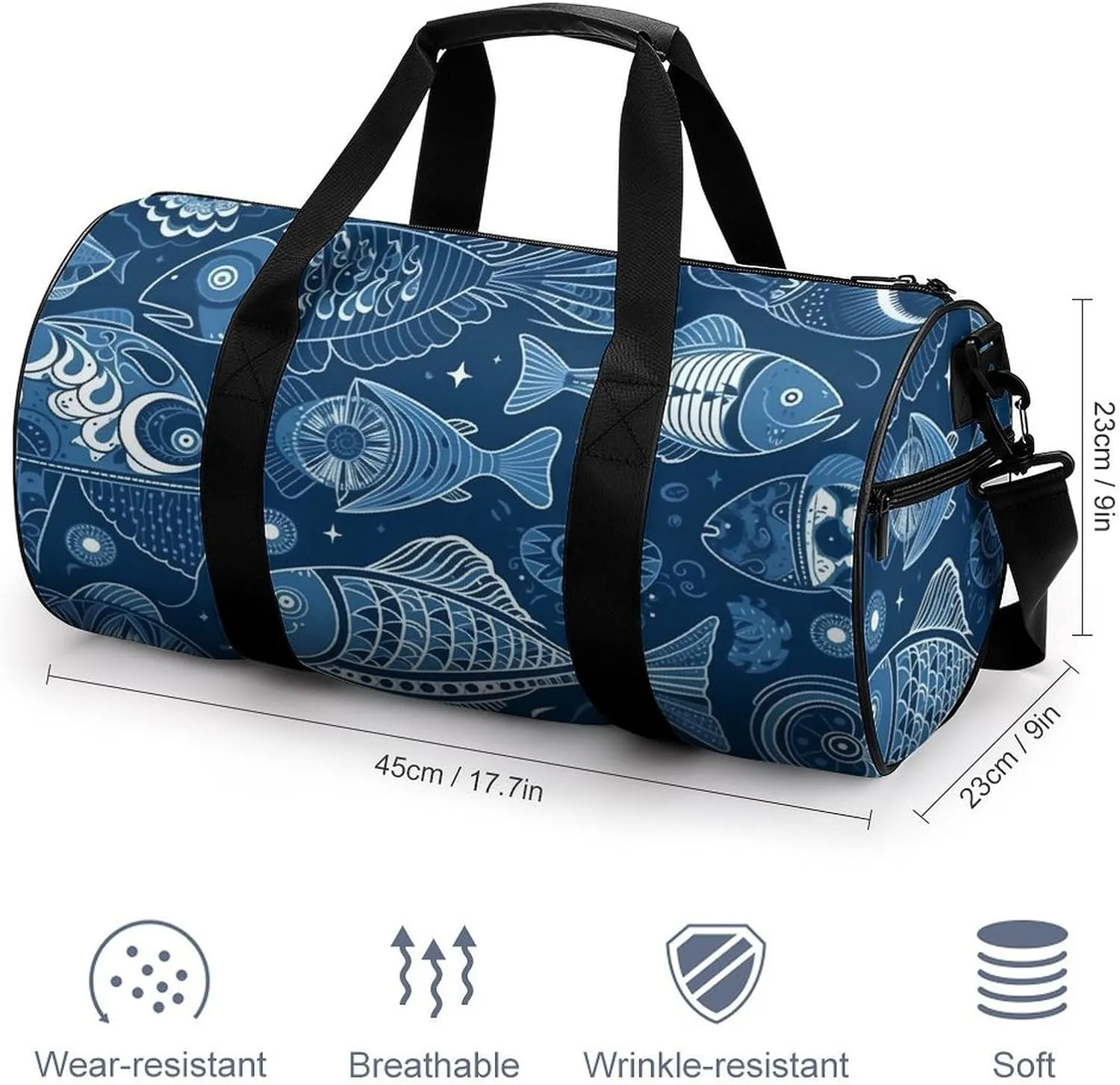 Sports Gym Bag for Women Men Travel Duffel Bag Tote Weekender Bag Fish And Shells Carry on Overnight Bag for Travel Swimming Fitness Workout Sports Duffle Bag