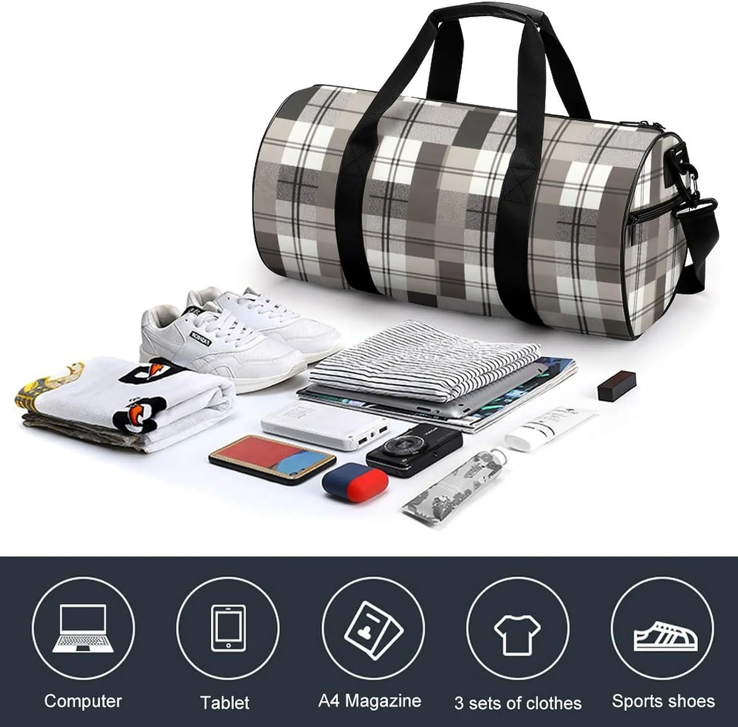Sports Gym Bag for Women Men Travel Duffel Bag Tote Weekender Bag Gray Plaid Pattern Carry on Overnight Bag for Travel Swimming Fitness Workout Sports Duffle Bag