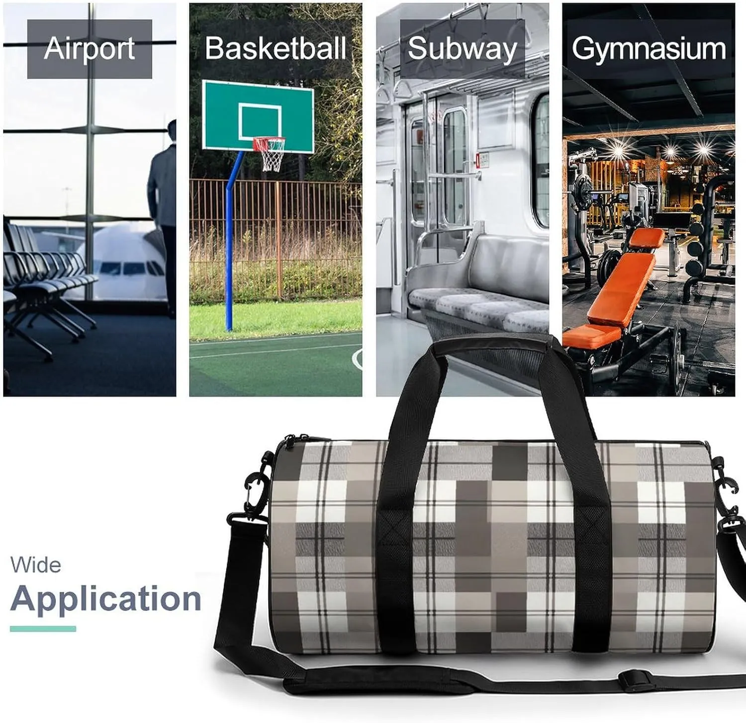 Sports Gym Bag for Women Men Travel Duffel Bag Tote Weekender Bag Gray Plaid Pattern Carry on Overnight Bag for Travel Swimming Fitness Workout Sports Duffle Bag