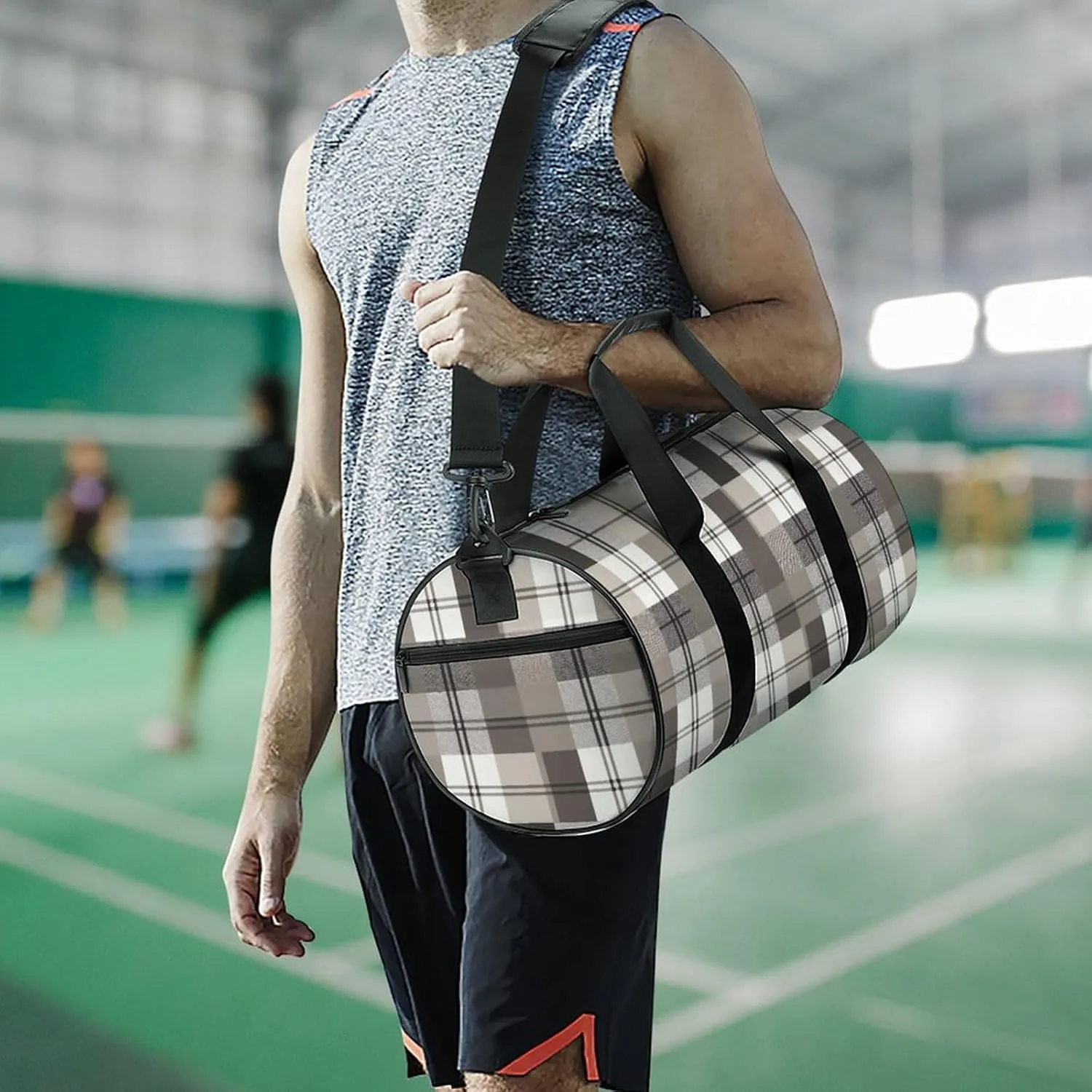 Sports Gym Bag for Women Men Travel Duffel Bag Tote Weekender Bag Gray Plaid Pattern Carry on Overnight Bag for Travel Swimming Fitness Workout Sports Duffle Bag