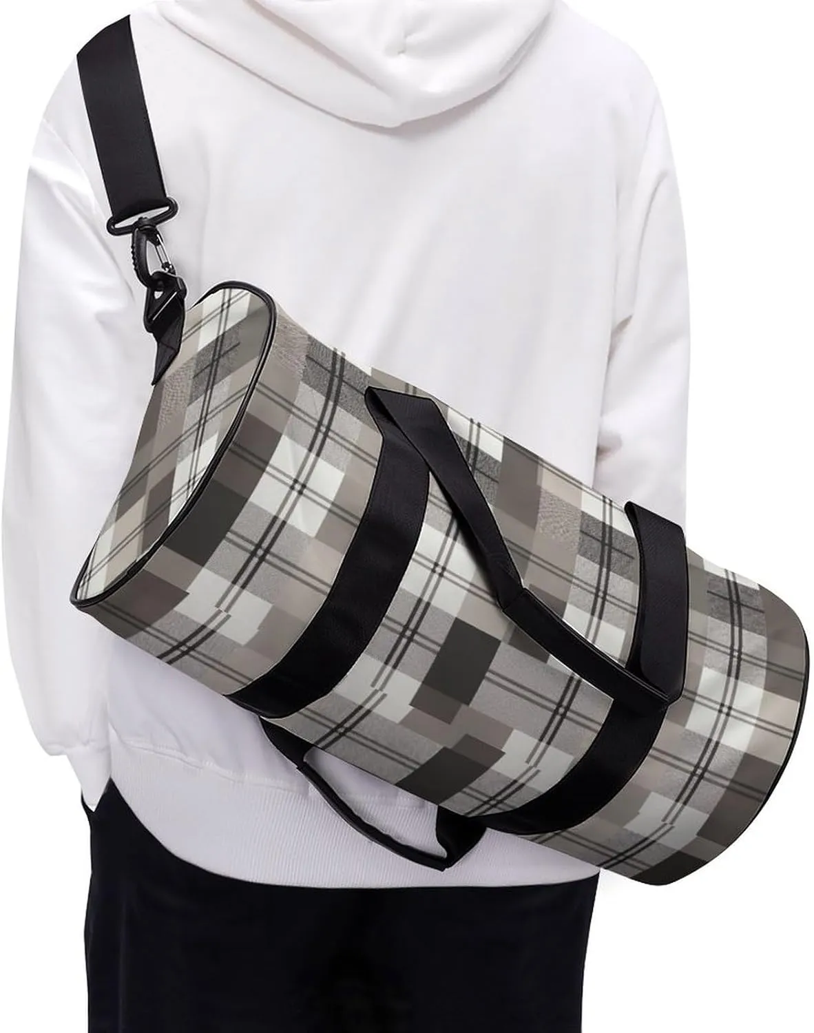 Sports Gym Bag for Women Men Travel Duffel Bag Tote Weekender Bag Gray Plaid Pattern Carry on Overnight Bag for Travel Swimming Fitness Workout Sports Duffle Bag