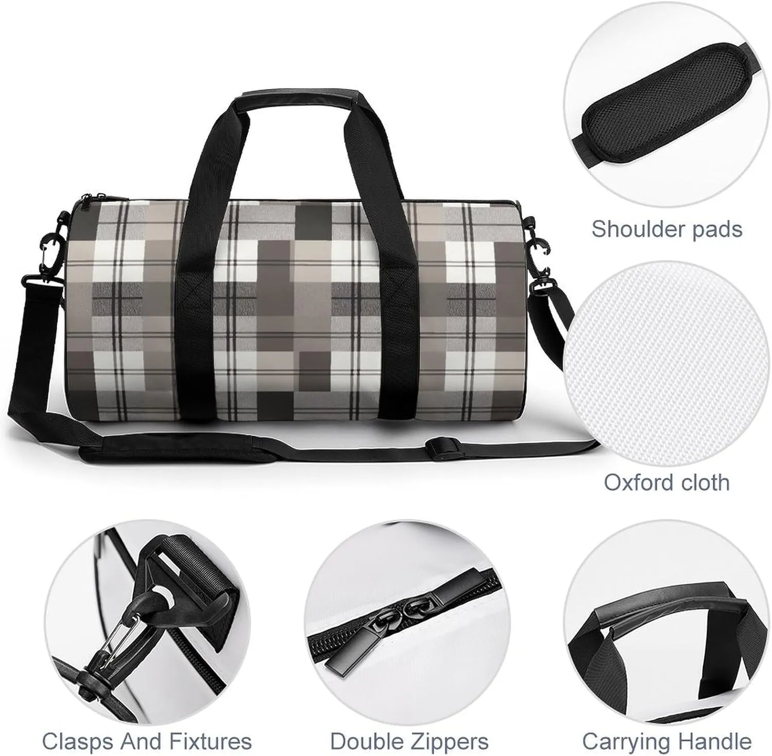 Sports Gym Bag for Women Men Travel Duffel Bag Tote Weekender Bag Gray Plaid Pattern Carry on Overnight Bag for Travel Swimming Fitness Workout Sports Duffle Bag