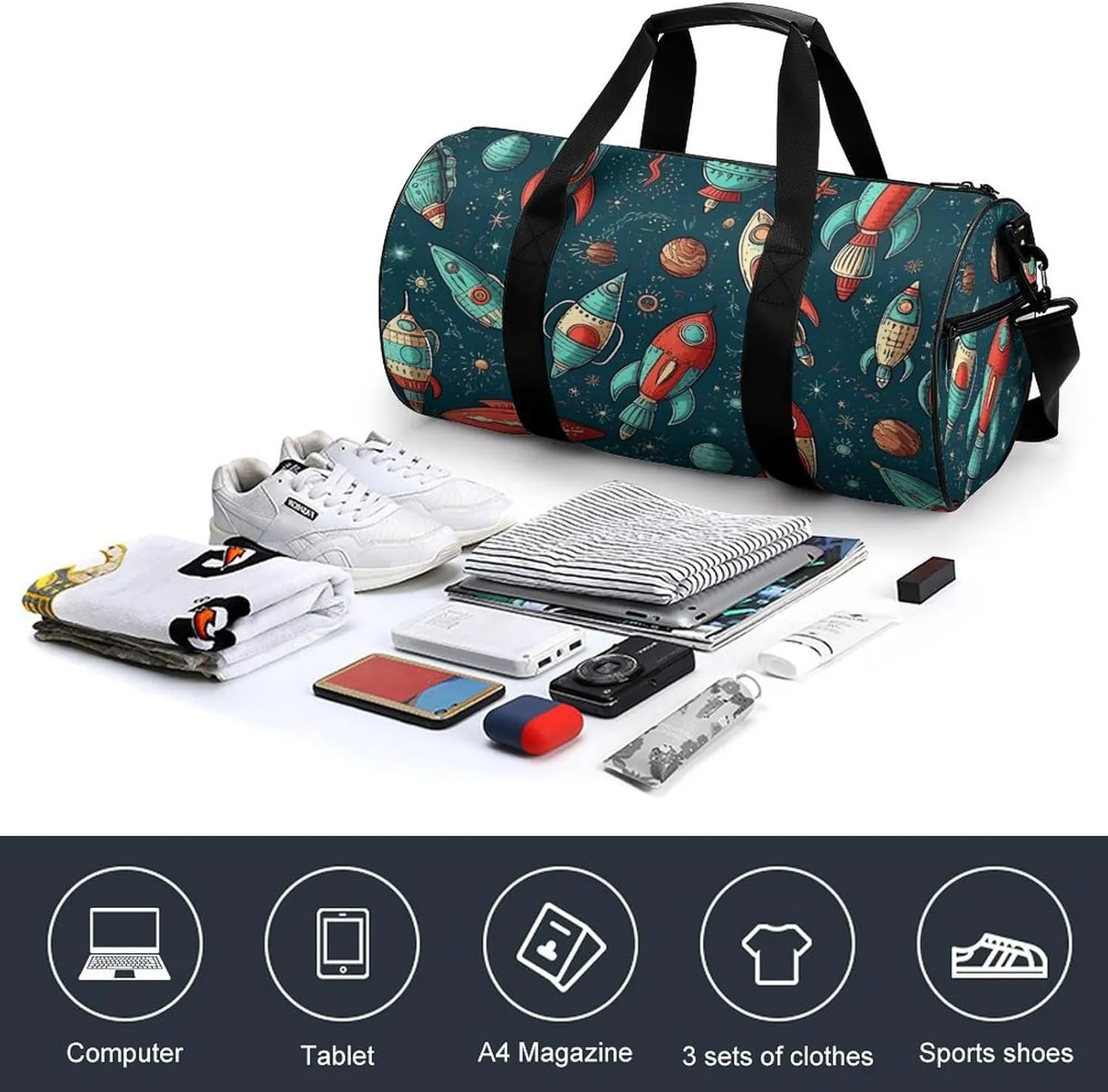 Sports Gym Bag for Women Men Travel Duffel Bag Tote Weekender Bag Rocket Ship Image Carry on Overnight Bag for Travel Swimming Fitness Workout Sports Duffle Bag