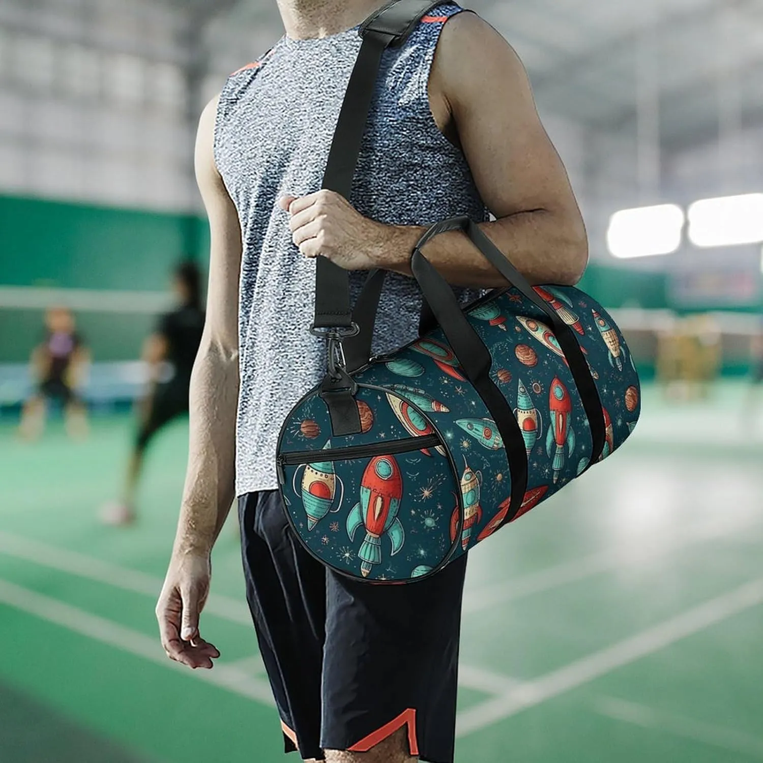 Sports Gym Bag for Women Men Travel Duffel Bag Tote Weekender Bag Rocket Ship Image Carry on Overnight Bag for Travel Swimming Fitness Workout Sports Duffle Bag