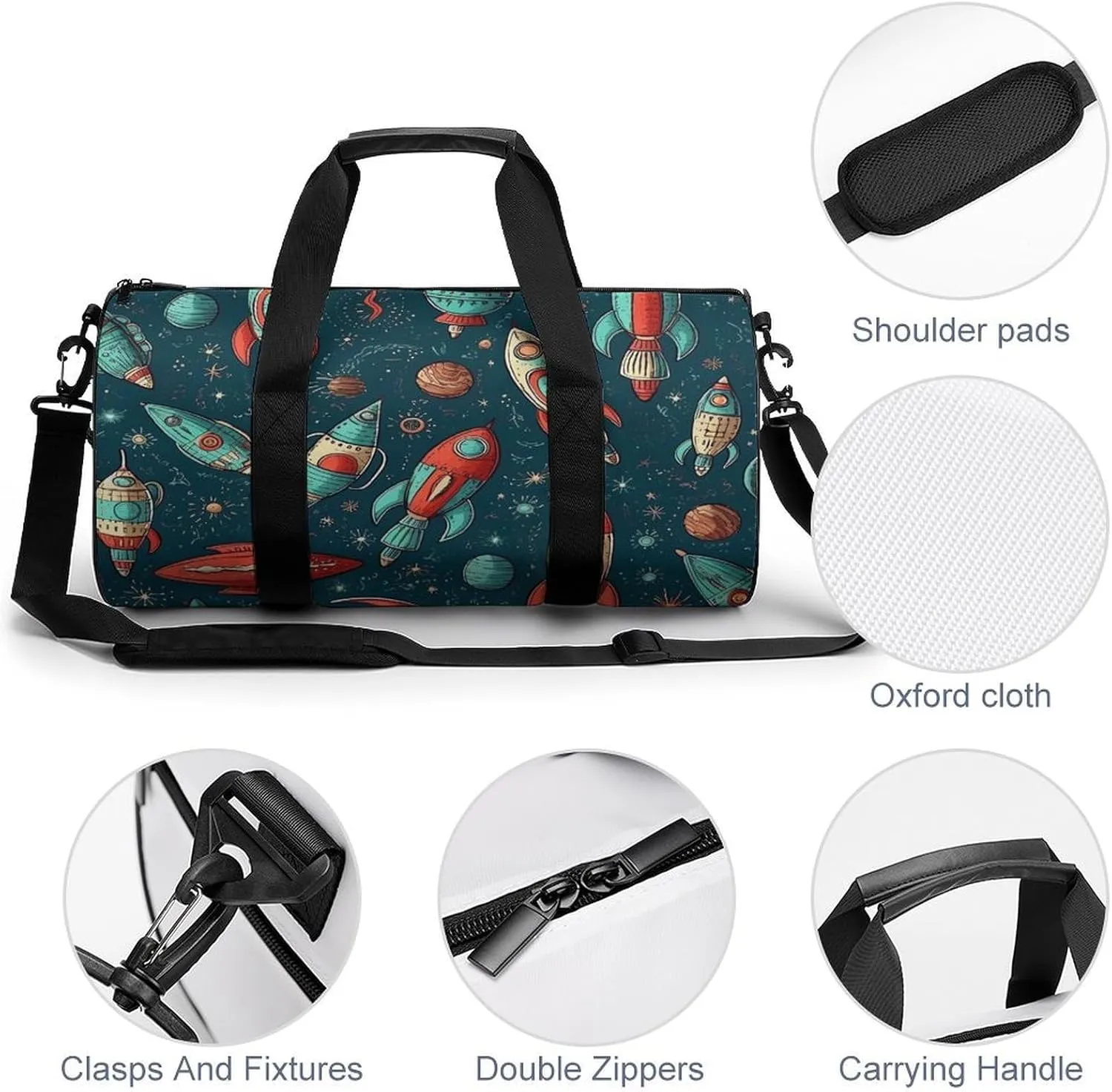 Sports Gym Bag for Women Men Travel Duffel Bag Tote Weekender Bag Rocket Ship Image Carry on Overnight Bag for Travel Swimming Fitness Workout Sports Duffle Bag