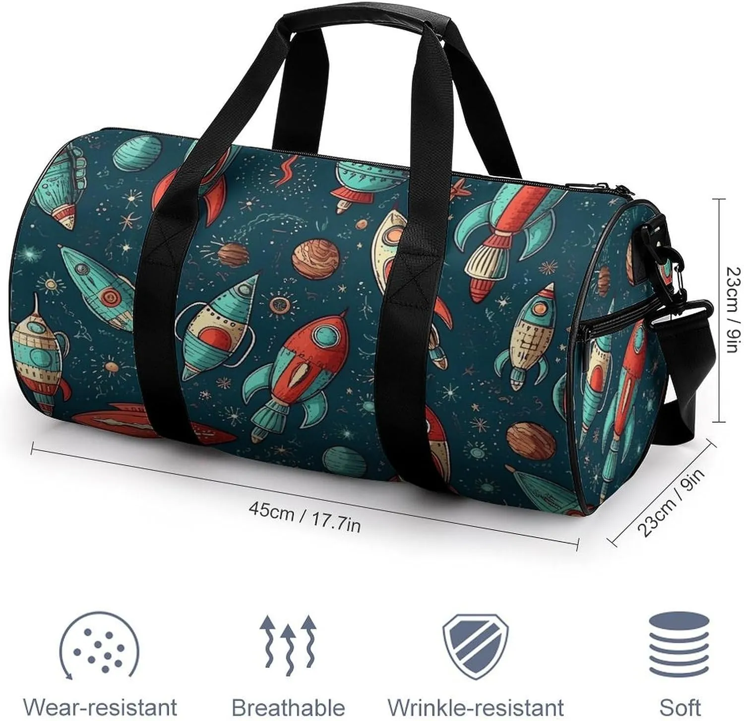 Sports Gym Bag for Women Men Travel Duffel Bag Tote Weekender Bag Rocket Ship Image Carry on Overnight Bag for Travel Swimming Fitness Workout Sports Duffle Bag