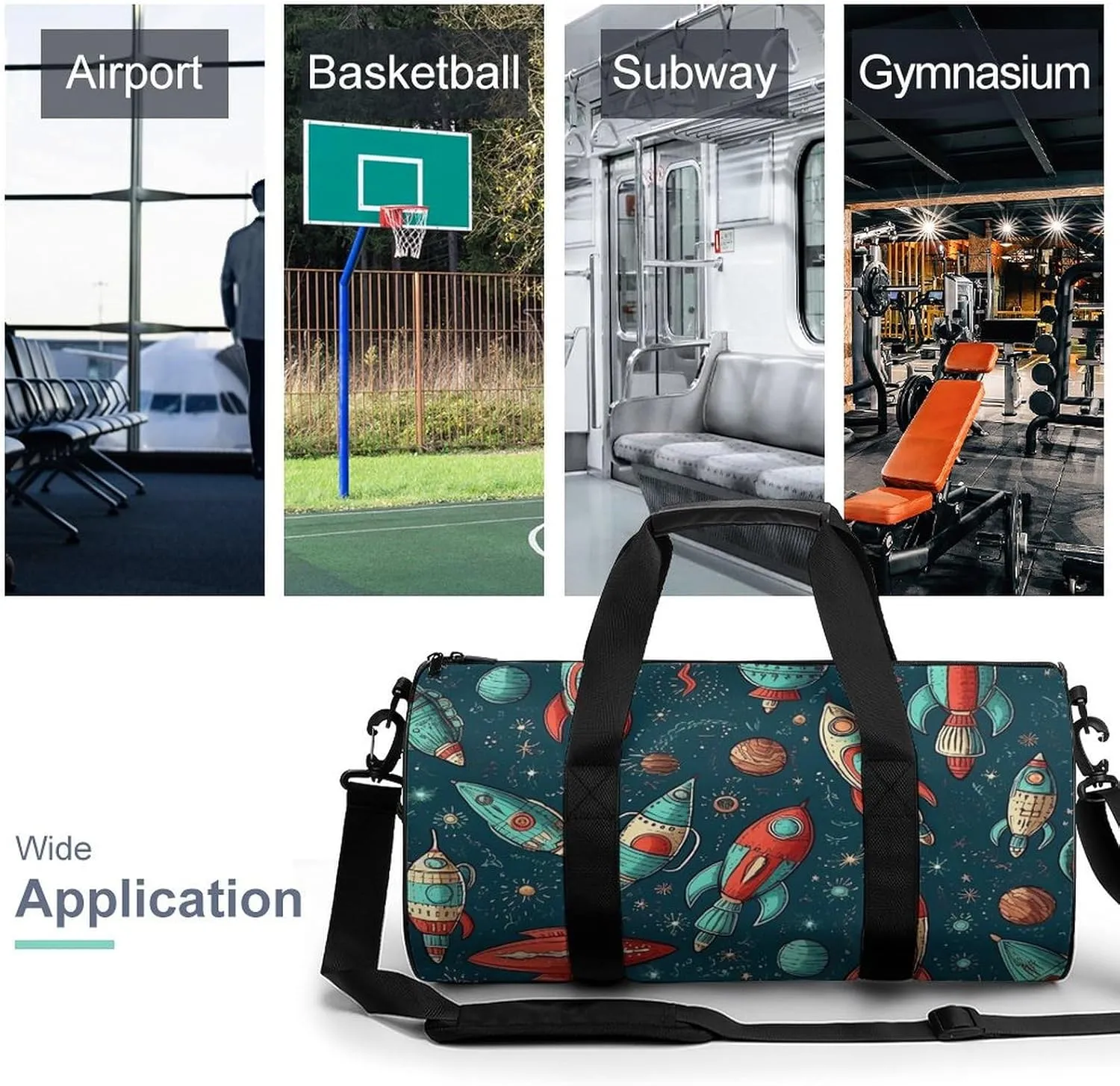 Sports Gym Bag for Women Men Travel Duffel Bag Tote Weekender Bag Rocket Ship Image Carry on Overnight Bag for Travel Swimming Fitness Workout Sports Duffle Bag
