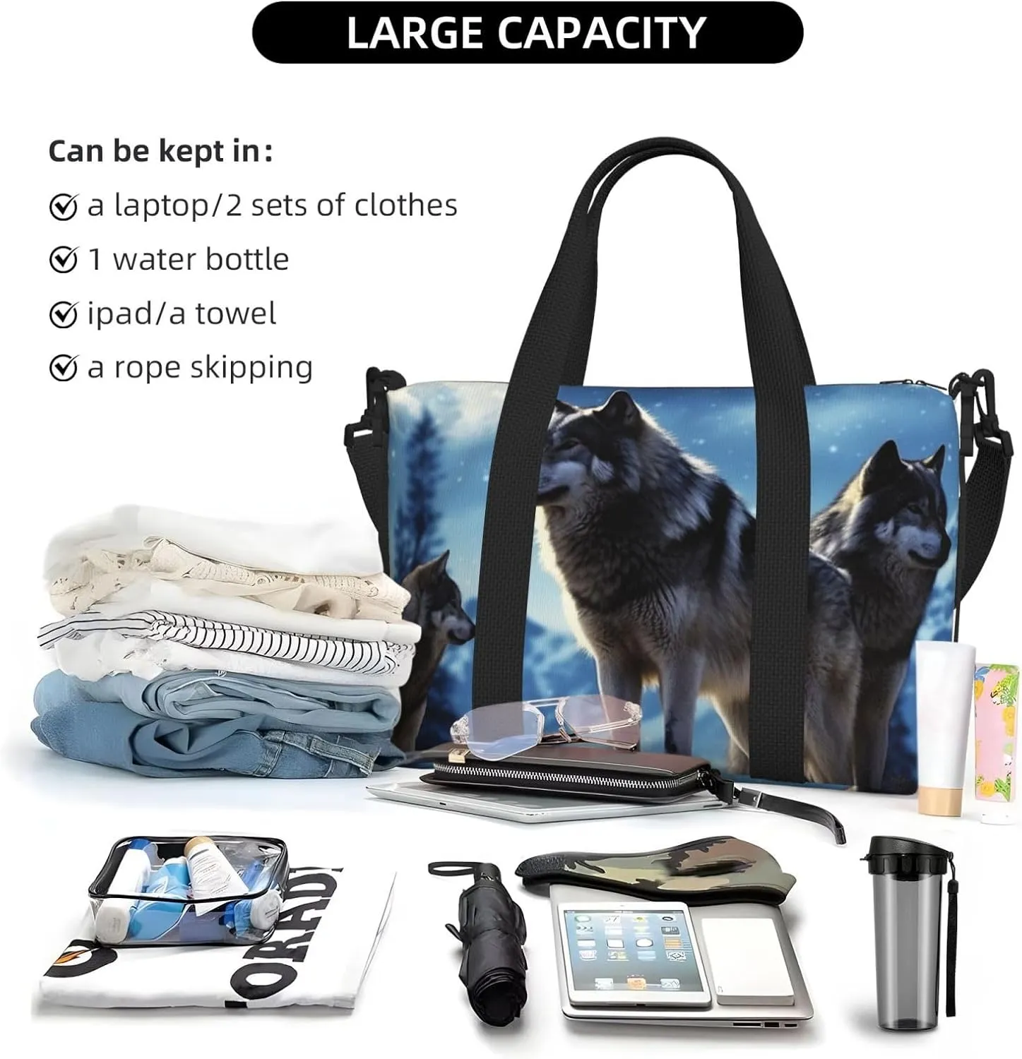 Sports Gym Bag for Women Men Travel Duffel Bag Tote wolfs Weekender Bag Canvas Carry on Overnight Bag for Travel Swimming Fitness Workout Sports Duffle Bag