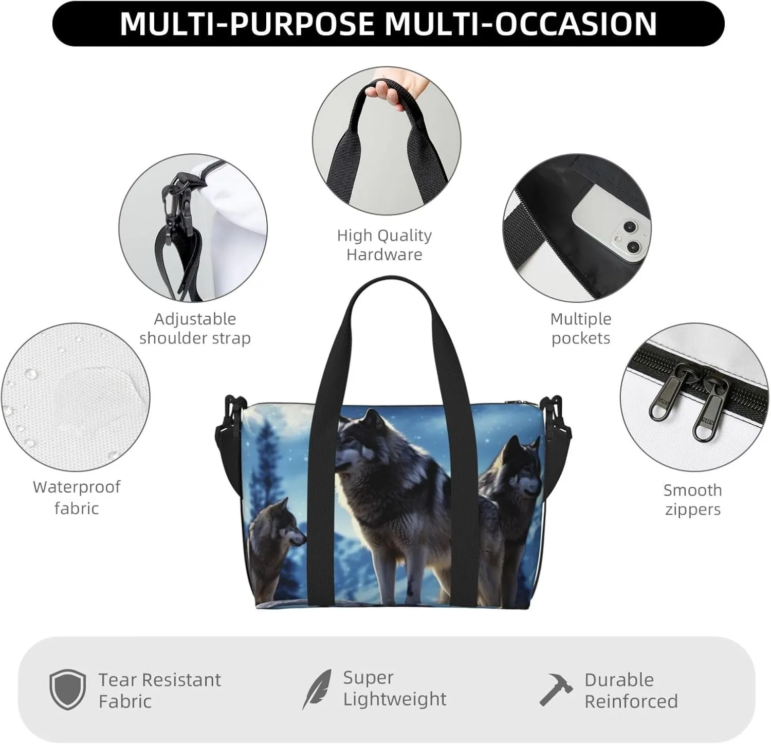 Sports Gym Bag for Women Men Travel Duffel Bag Tote wolfs Weekender Bag Canvas Carry on Overnight Bag for Travel Swimming Fitness Workout Sports Duffle Bag