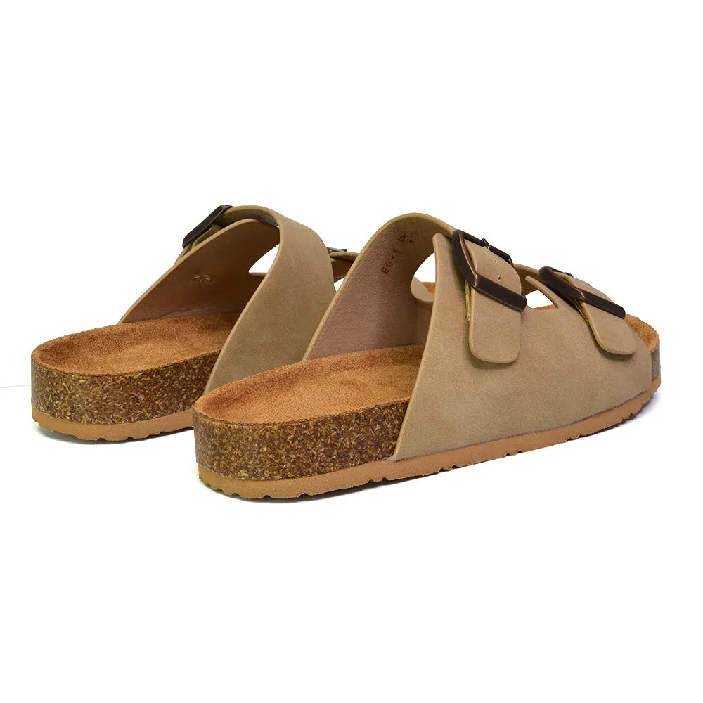 Star Double Buckle Strap Flat Slider Casual Footbed Summer Mule Holiday Sandals in Black Patent