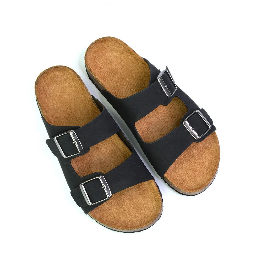 Star Double Buckle Strap Flat Slider Casual Footbed Summer Mule Holiday Sandals in Black Patent