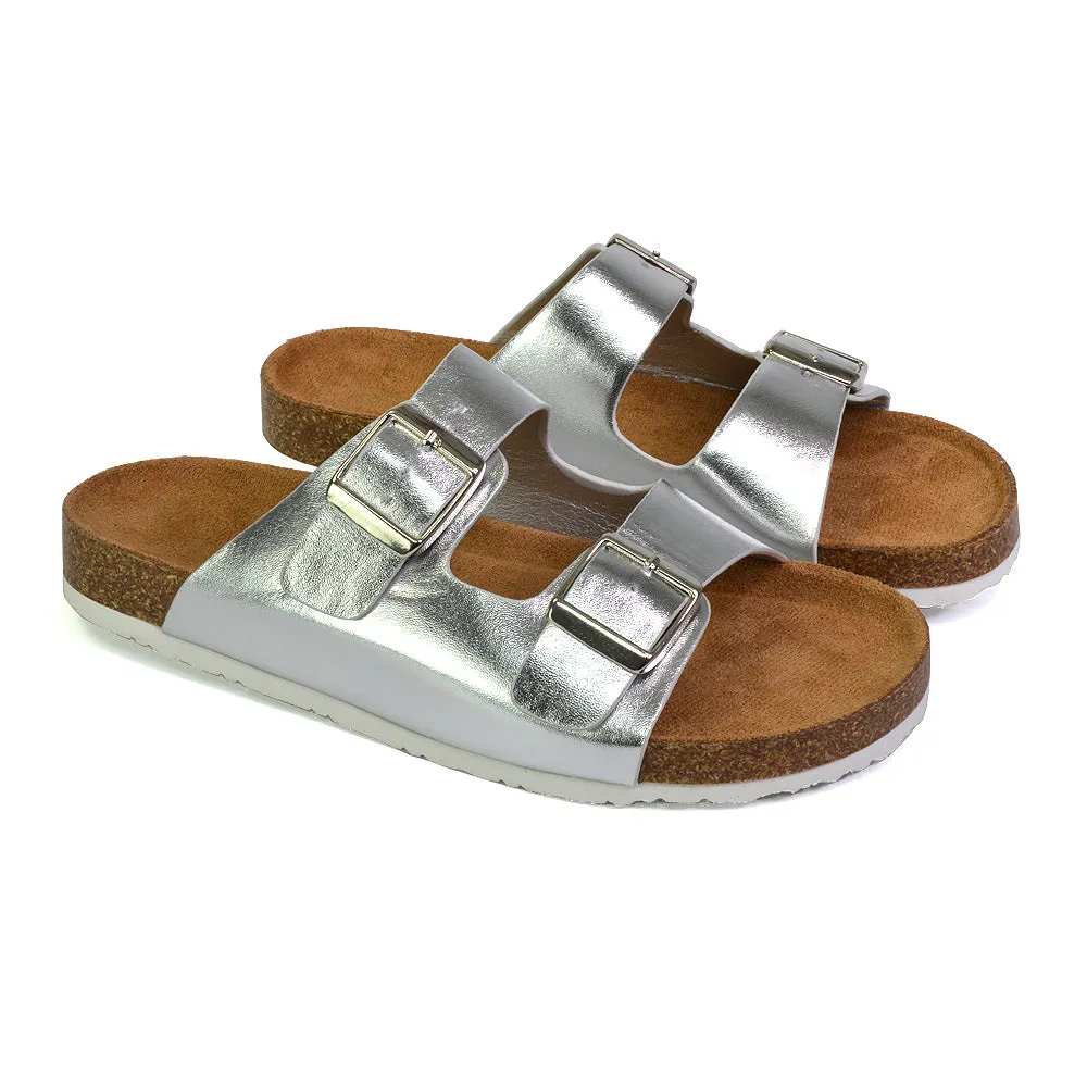 Star Double Buckle Strap Flat Slider Casual Footbed Summer Mule Holiday Sandals in Black Patent