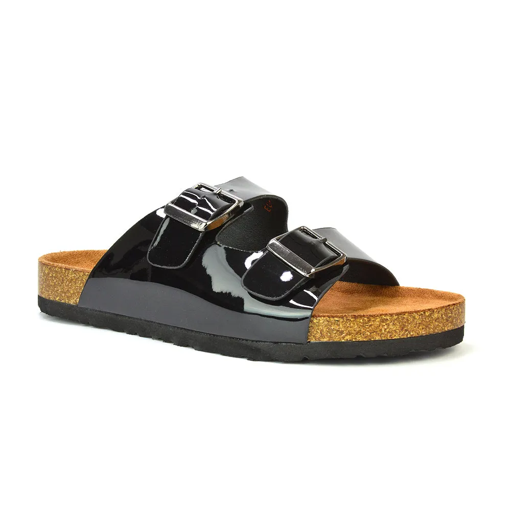 Star Double Buckle Strap Flat Slider Casual Footbed Summer Mule Holiday Sandals in Black Patent