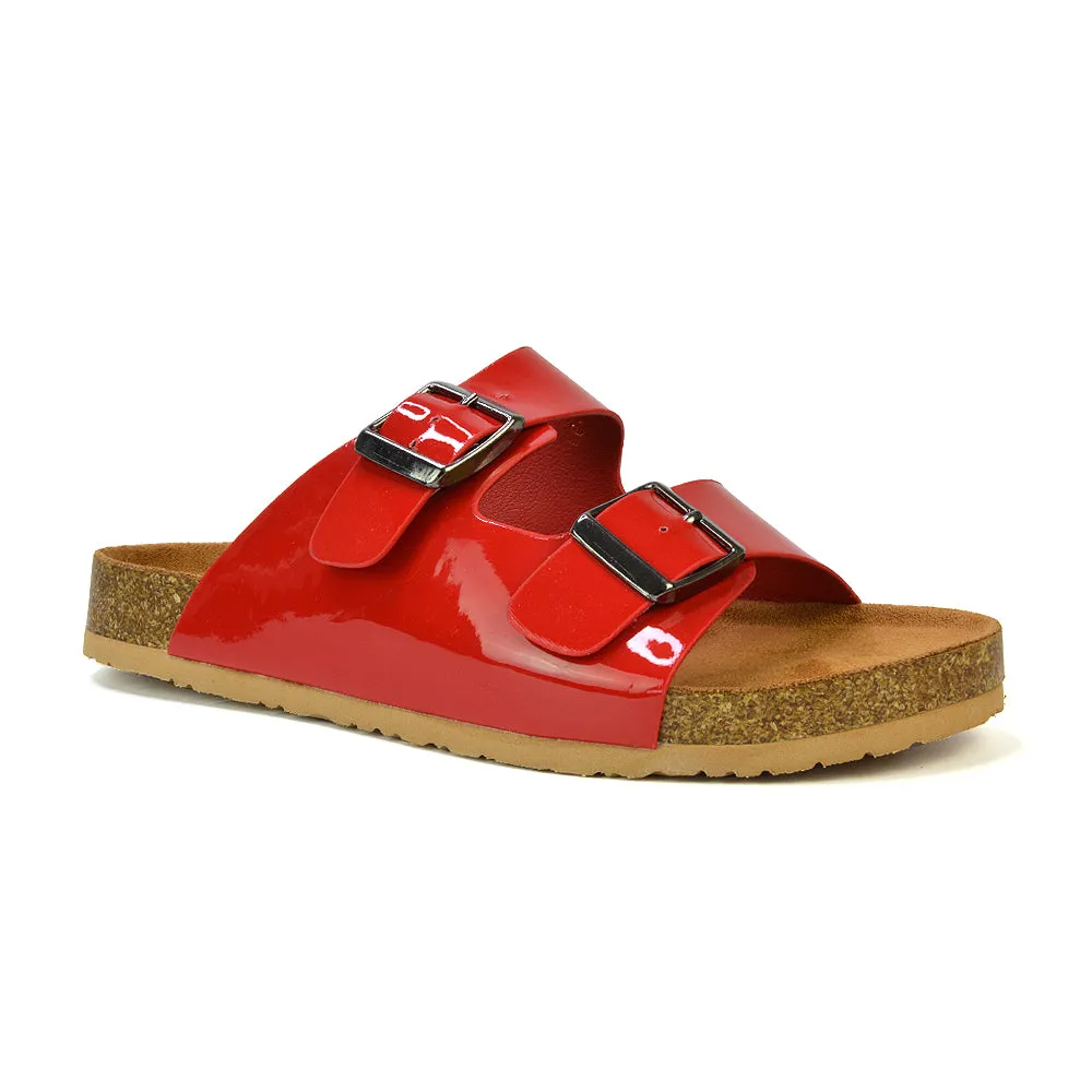 Star Double Buckle Strap Flat Slider Casual Footbed Summer Mule Holiday Sandals in Black Patent