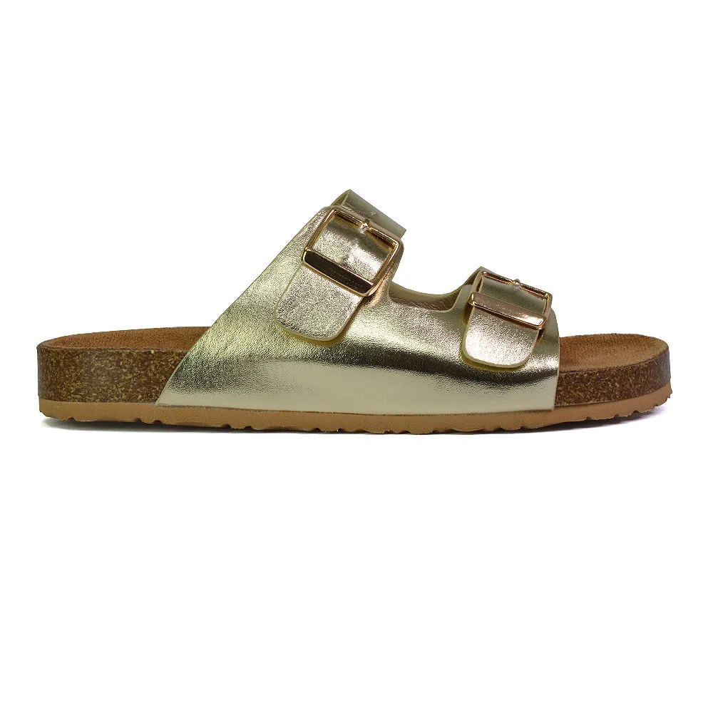 Star Double Buckle Strap Flat Slider Casual Footbed Summer Mule Holiday Sandals in Black Patent