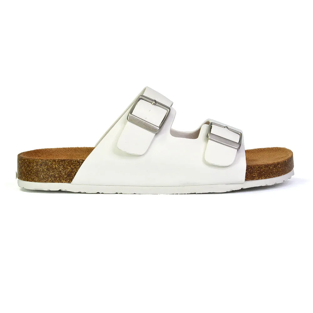 Star Double Buckle Strap Flat Slider Casual Footbed Summer Mule Holiday Sandals in Black Patent
