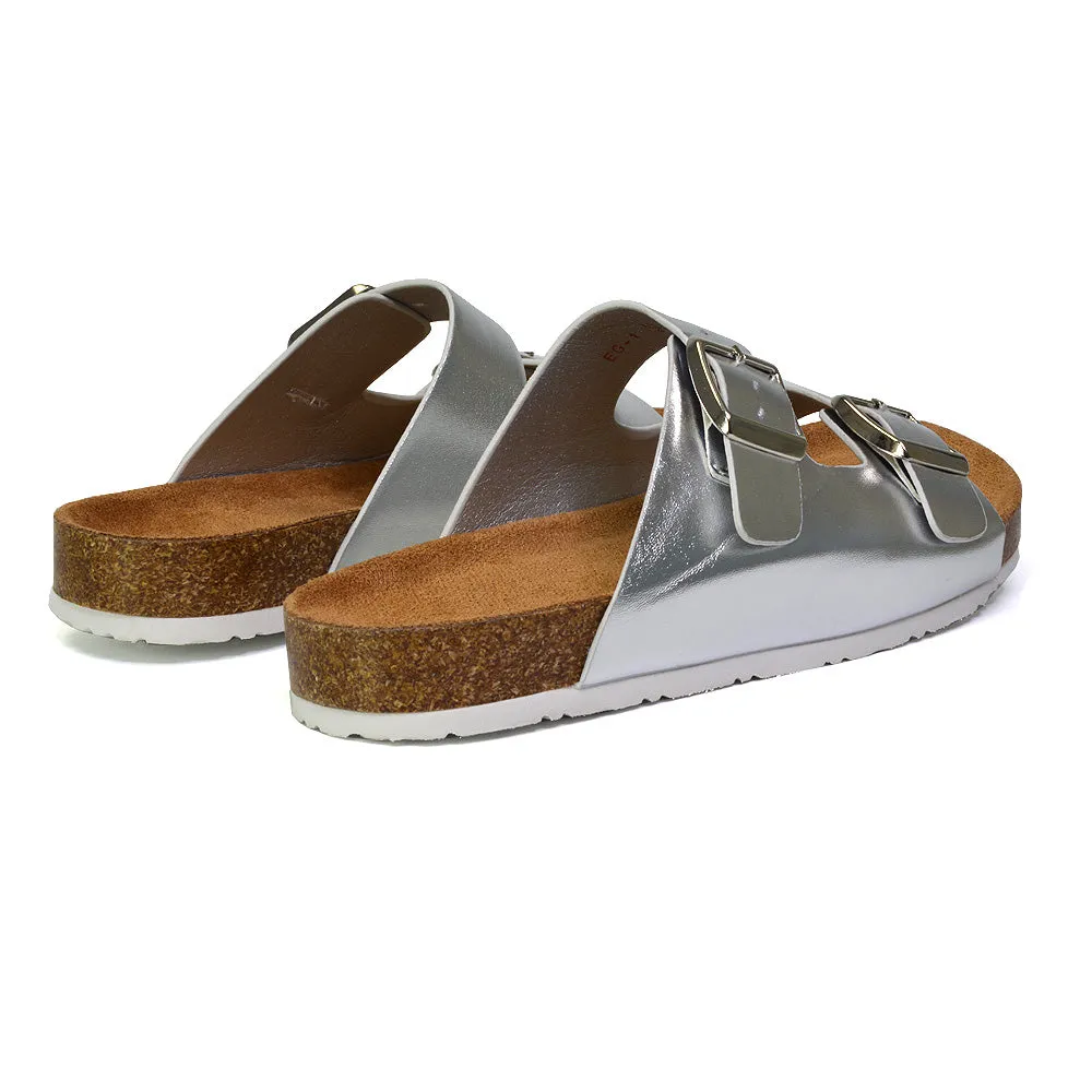 Star Double Buckle Strap Flat Slider Casual Footbed Summer Mule Holiday Sandals in Black Patent