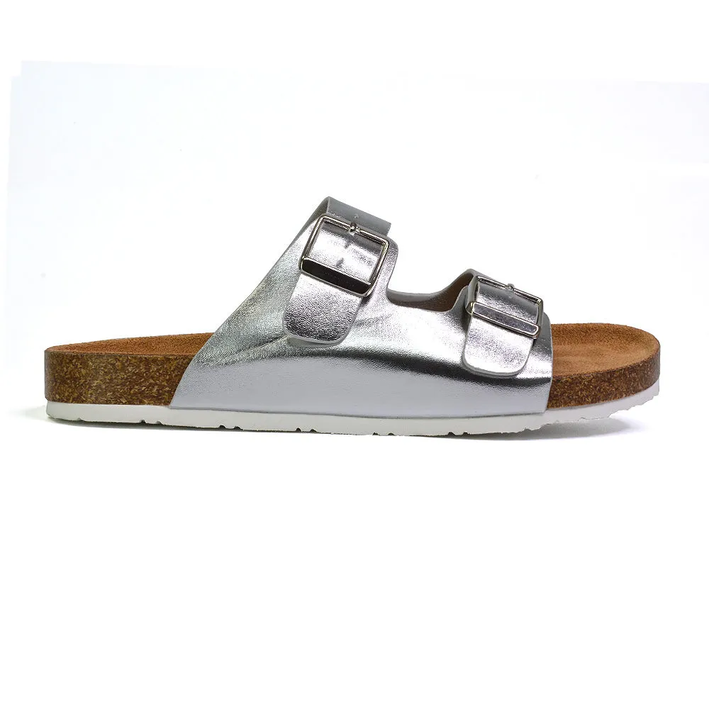 Star Double Buckle Strap Flat Slider Casual Footbed Summer Mule Holiday Sandals in Black Patent