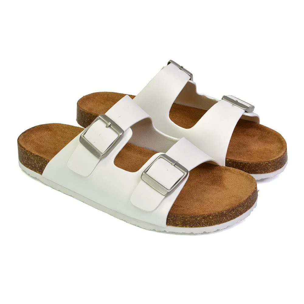 Star Double Buckle Strap Flat Slider Casual Footbed Summer Mule Holiday Sandals in Black Patent
