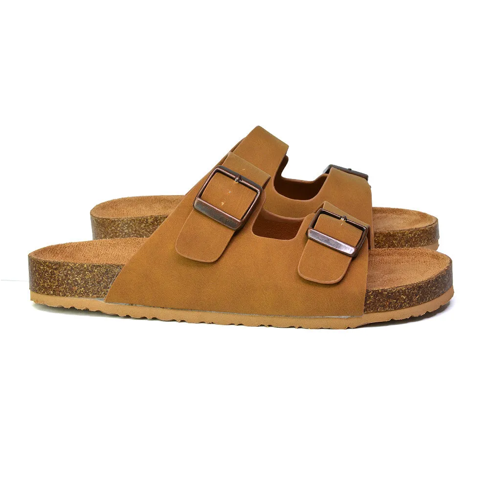 Star Double Buckle Strap Flat Slider Casual Footbed Summer Mule Holiday Sandals in Black Patent