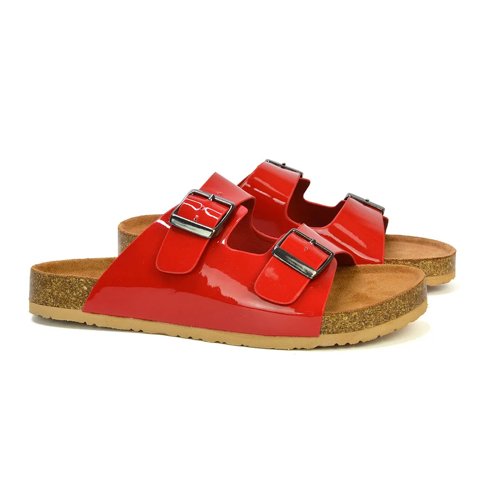 Star Double Buckle Strap Flat Slider Casual Footbed Summer Mule Holiday Sandals in Black Patent