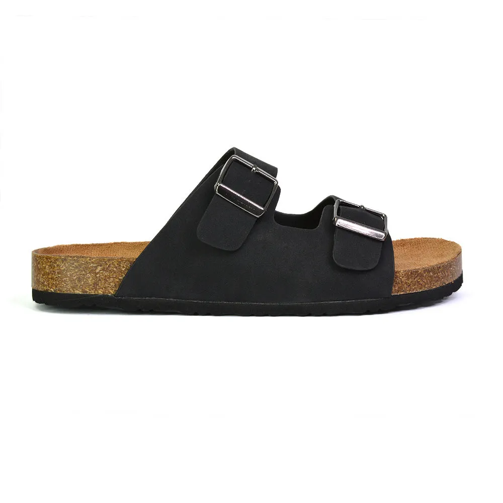 Star Double Buckle Strap Flat Slider Casual Footbed Summer Mule Holiday Sandals in Black Patent